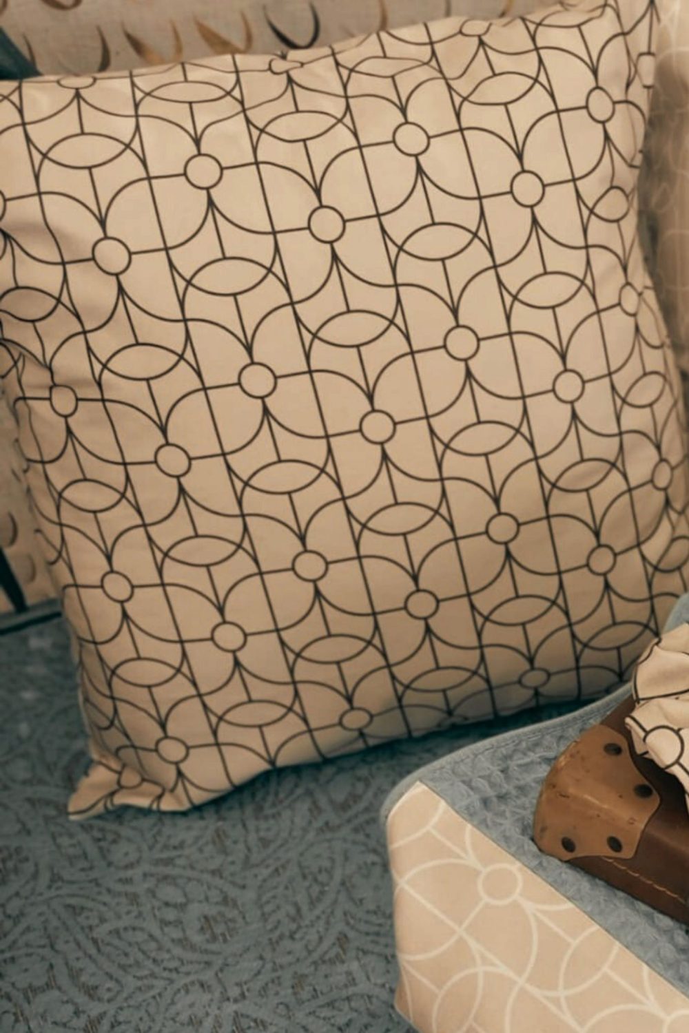 Handcrafted cushions from Maison Mael tailor's shop, made from fabric printed with a Vayadù pattern.